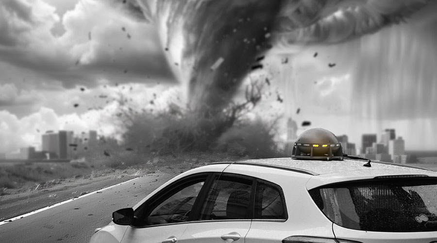 Mobile electronic siren Pavian installed on a vehicle for tornado alerts in remote or disaster-prone areas.