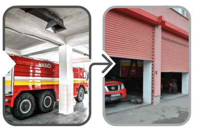 Processos automatizados na estação de bombeiros: extração de gases de escape, abertura de portas de garagem e controlo de semáforos externos.