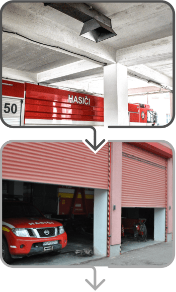 Processos automatizados na estação de bombeiros: extração de gases de escape, abertura de portas de garagem e controlo de semáforos externos.