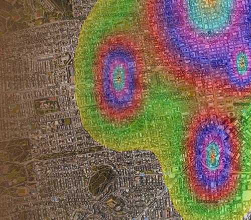 Mapa de cobertura sonora gerado pelo Acusticus®, com posicionamento otimizado de sirenes eletrónicas para aviso eficiente em áreas afetadas por terremotos.
