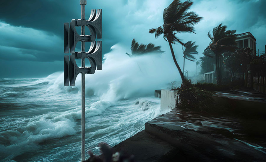Pavian electronic siren during an active coastal storm – showcasing key features like backup power, high intelligibility, and fast alerts