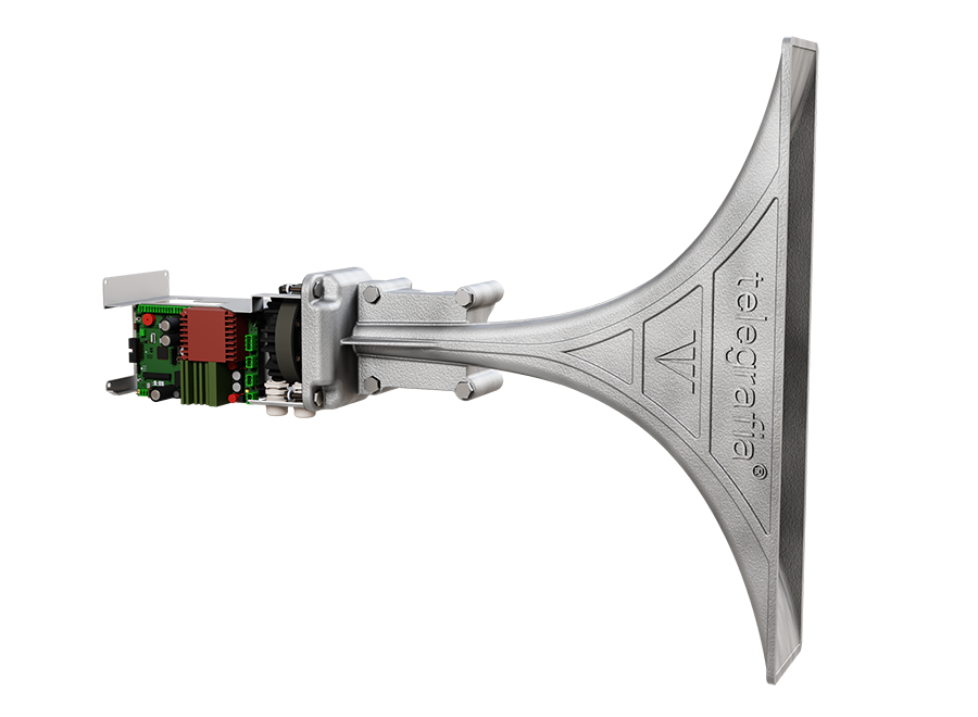 Compact Bono stand-alone electronic siren with large horn for extended acoustic coverage in warning systems