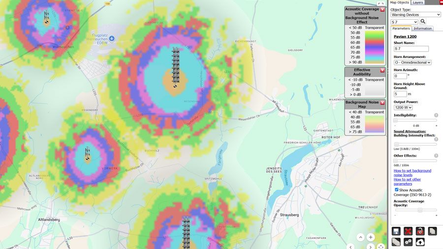 Système d'alerte pour les villes avec simulation de couverture acoustique des sirènes électroniques